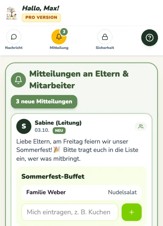 Hello Kita auf dem Handy: Mitteilungen an Eltern und Mitarbeiter mit einer Liste für das Sommerfest Buffet, Testdaten