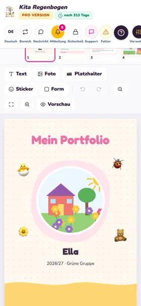 Portfolio Studio auf dem Handy: Titelseite Mein Portfolio für das Testkind Ella, Testdaten