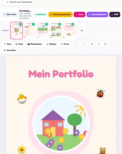 Portfolio Studio auf dem Tablet: Seitenleiste mit fünf Seiten und die Titelseite Mein Portfolio, Testdaten
