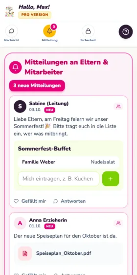 Pinnwand mit Mitteilungen im pinkfarbenen Farbtheme Hello Kita Classic, Testdaten