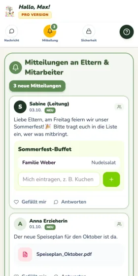 Pinnwand mit Mitteilungen und einer Mitbringliste für das Sommerfest im Farbtheme Natural Green, Testdaten